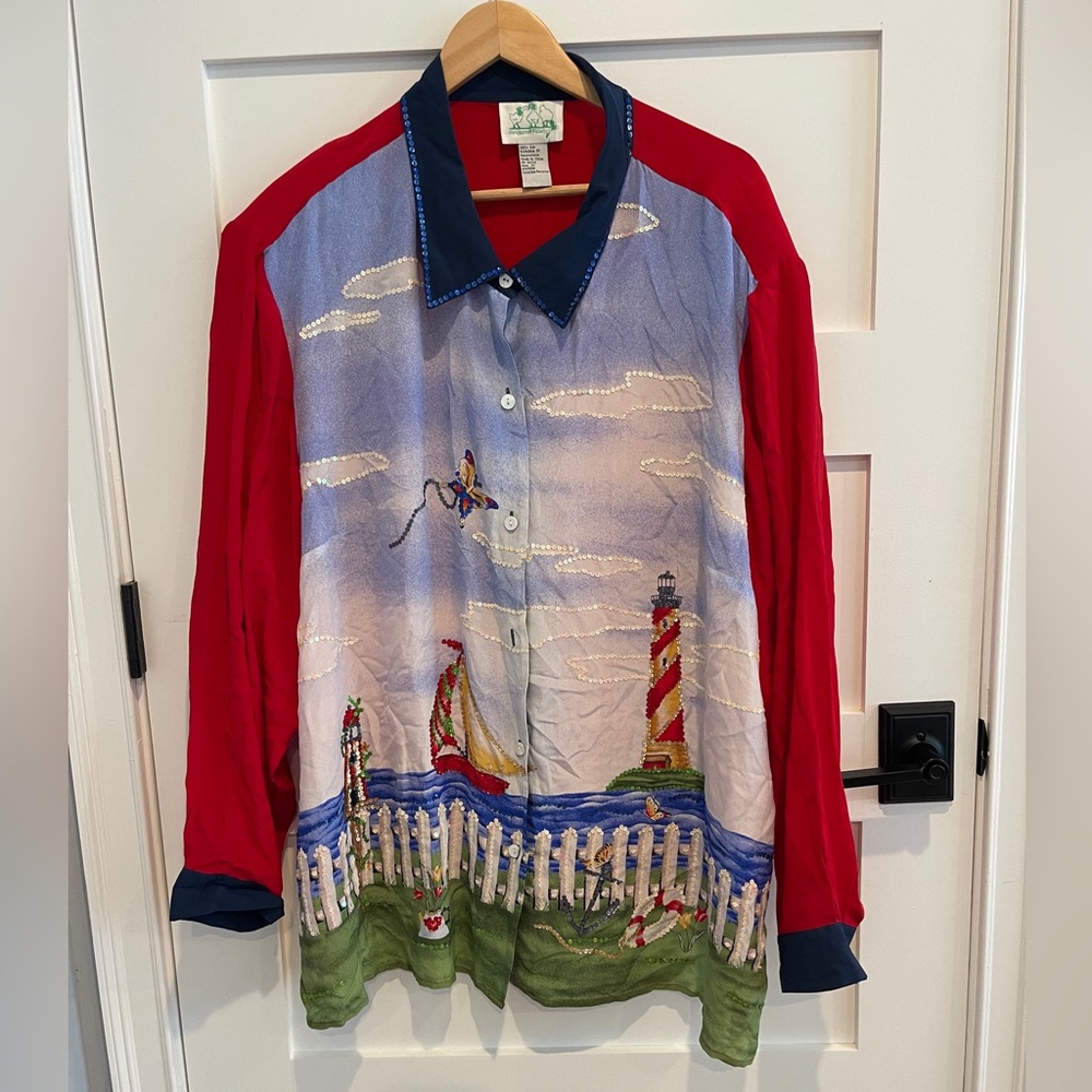 Quacker Factory Top Red Blue Silk Costal Sea Side Print Sequins Beach size 3X